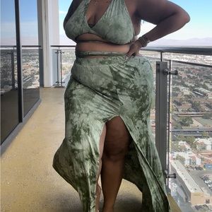 Two piece, wraparound skirt, set olive green tie-dye